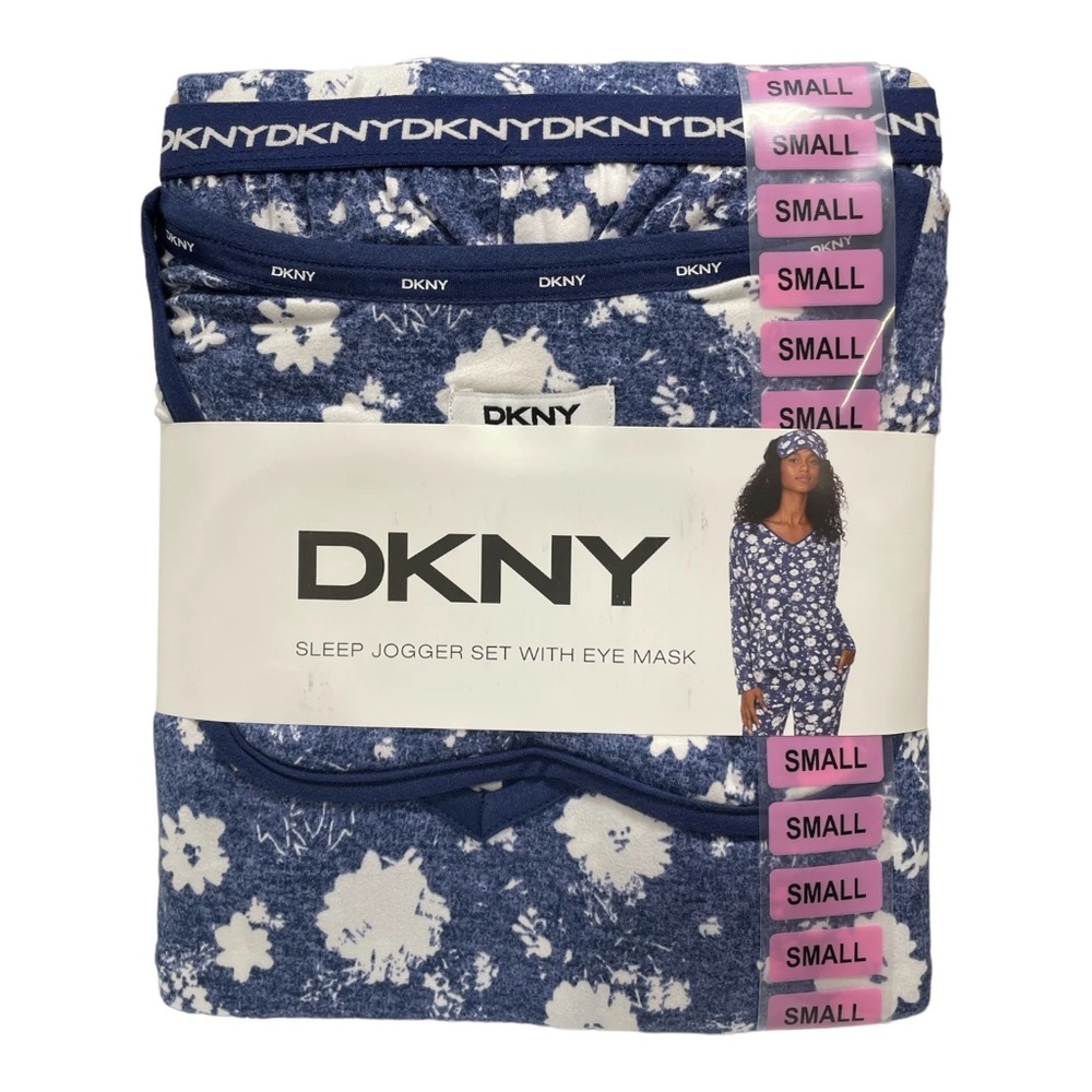 NWT DKNY 3PC Sleep Jogger Set w/ Eye Mask Blue Floral Size Small
